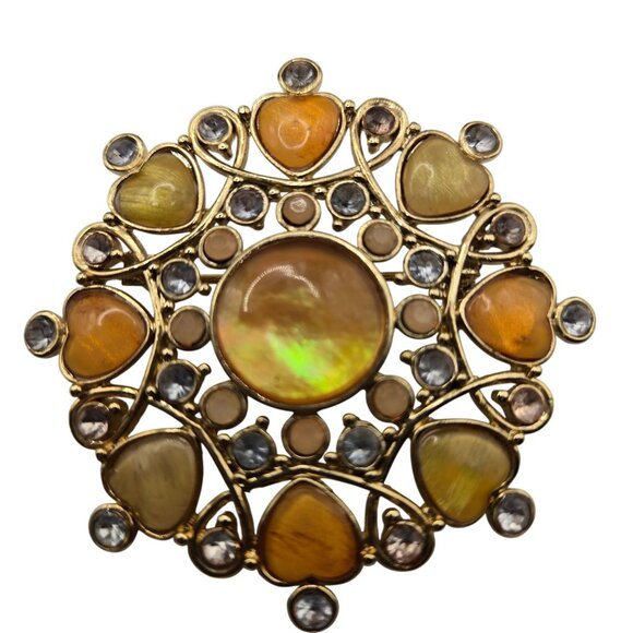 VTG Brooch Gold Tone Filigree Fall Harvest Amber Peach Rhinestone Heart Love Pin - Picture 1 of 12